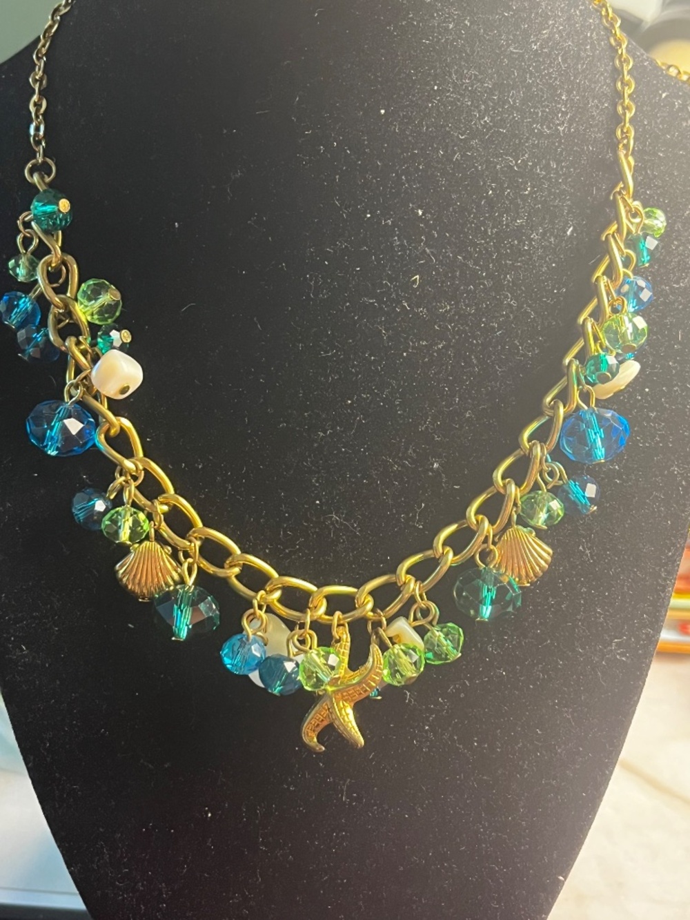 Coastal Nautical AB stones, starfish seashell gold tone necklace
